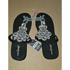 Women's Sandals Rhinestone Crystal Look Wedge Slip-On Black NEW Size S 5-6 #756